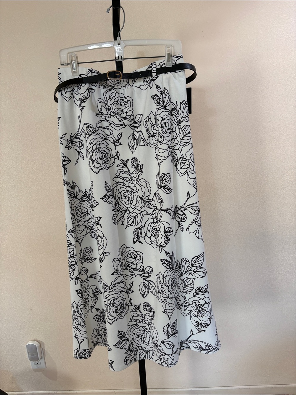 White Floral Midi Skirt with Black Outline Roses